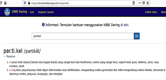 Entri kata "partikel" di KBBI