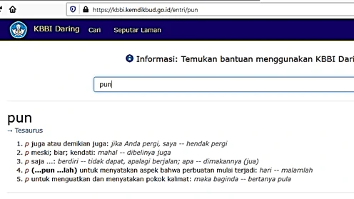 Entri kata partikel "-pun" di KBBI