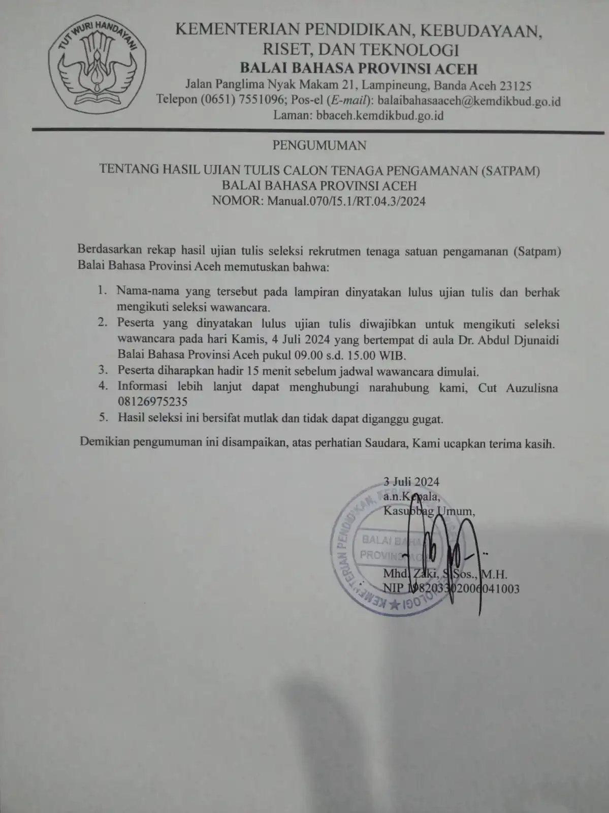 Pengumuman Hasil Ujian Tulis Satuan Pengamanan Balai Bahasa Provinsi Aceh 2024